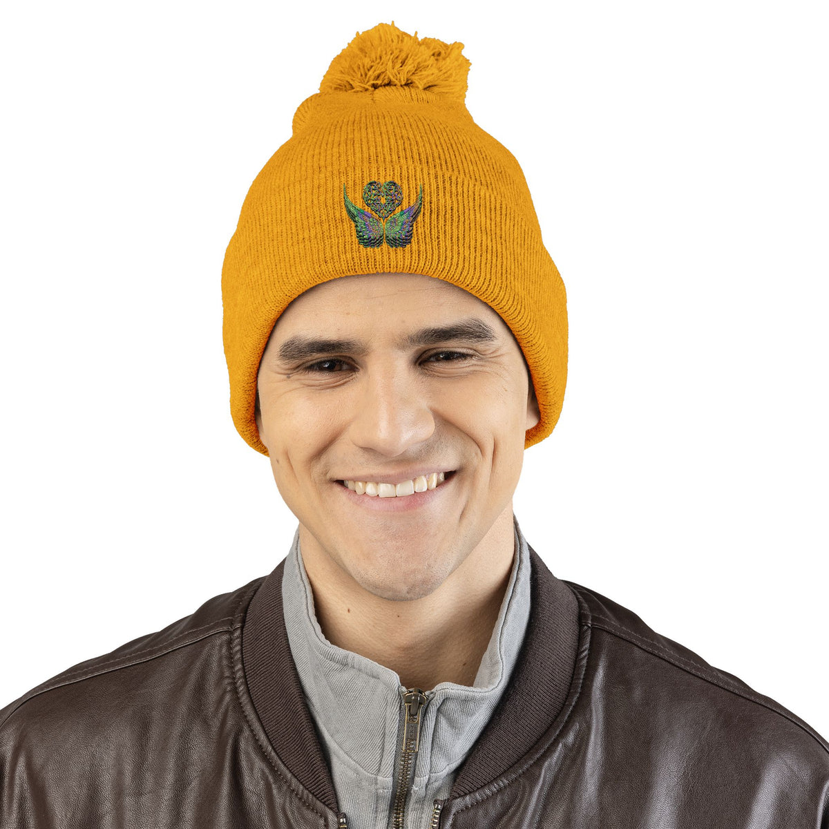 Ethereal Heart and Wings Pom-Pom Knit Cap - Perfect for Winter Adventures