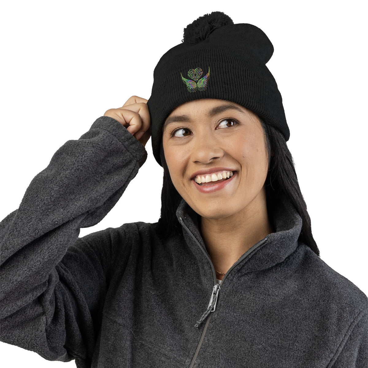 Ethereal Heart and Wings Pom-Pom Knit Cap - Perfect for Winter Adventures