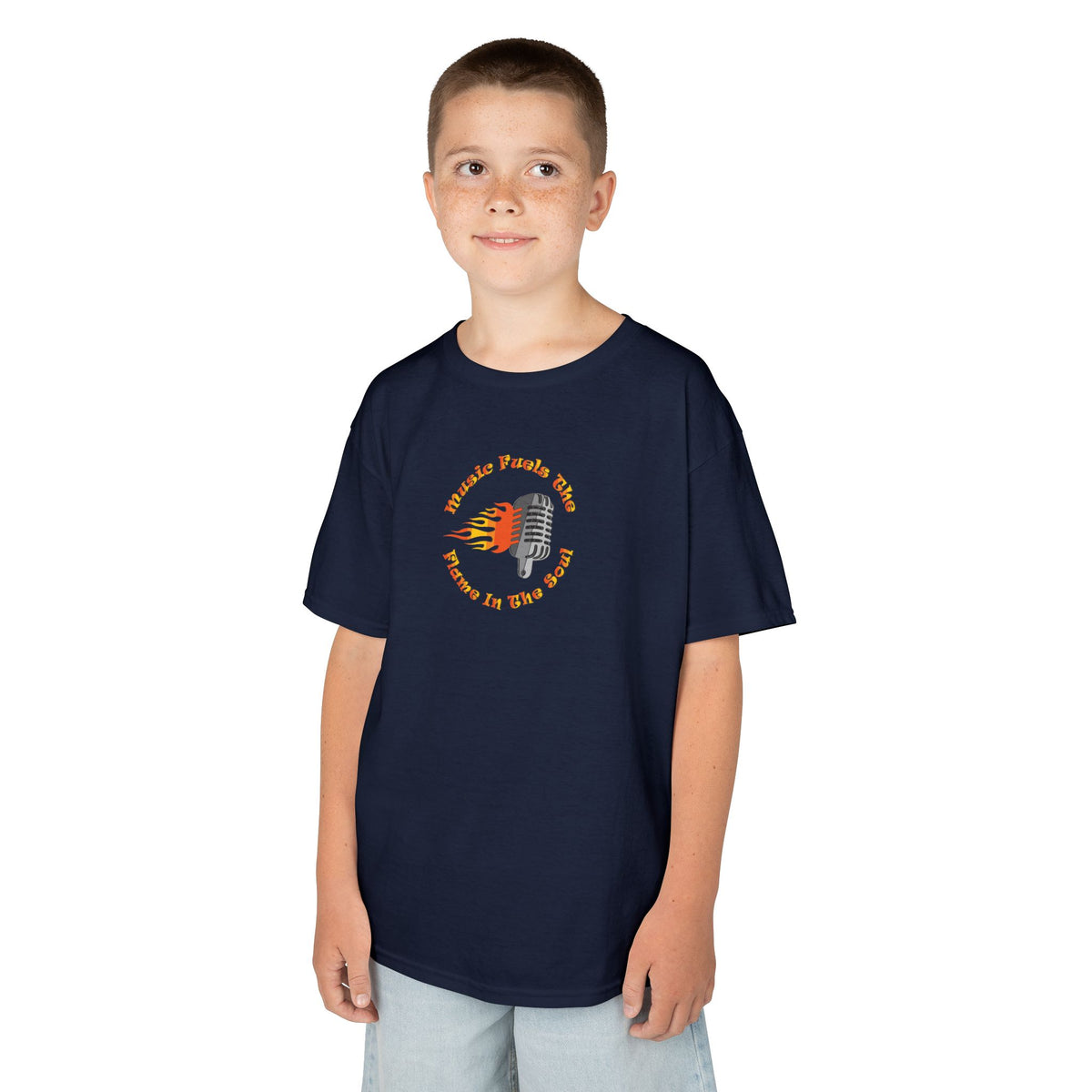 Kids Retro Microphone Flame Graphic Tee Perfect for Young Musicians