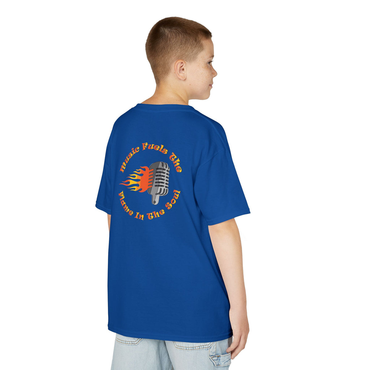 Kids Retro Microphone Flame Graphic Tee Perfect for Young Musicians