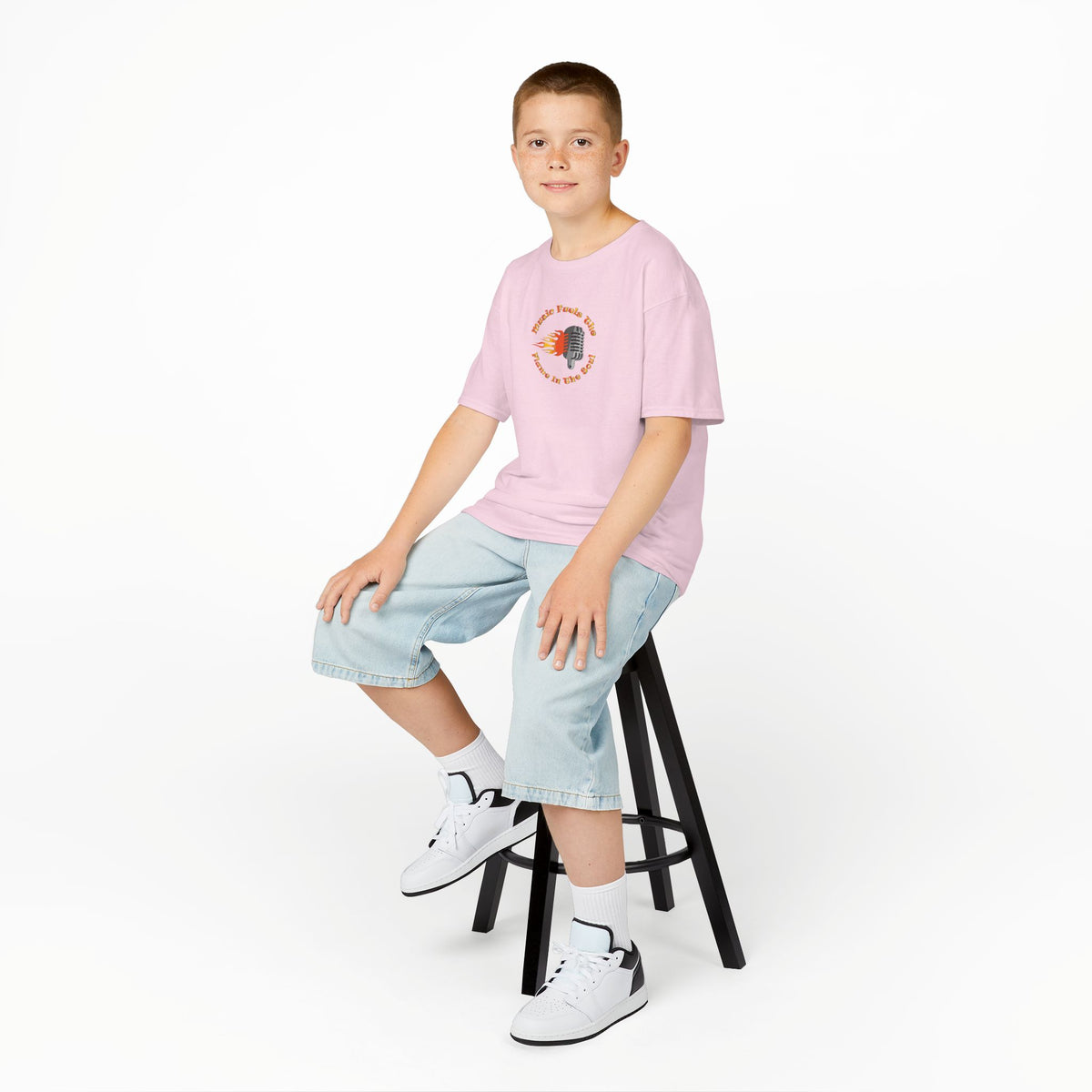 Kids Retro Microphone Flame Graphic Tee Perfect for Young Musicians