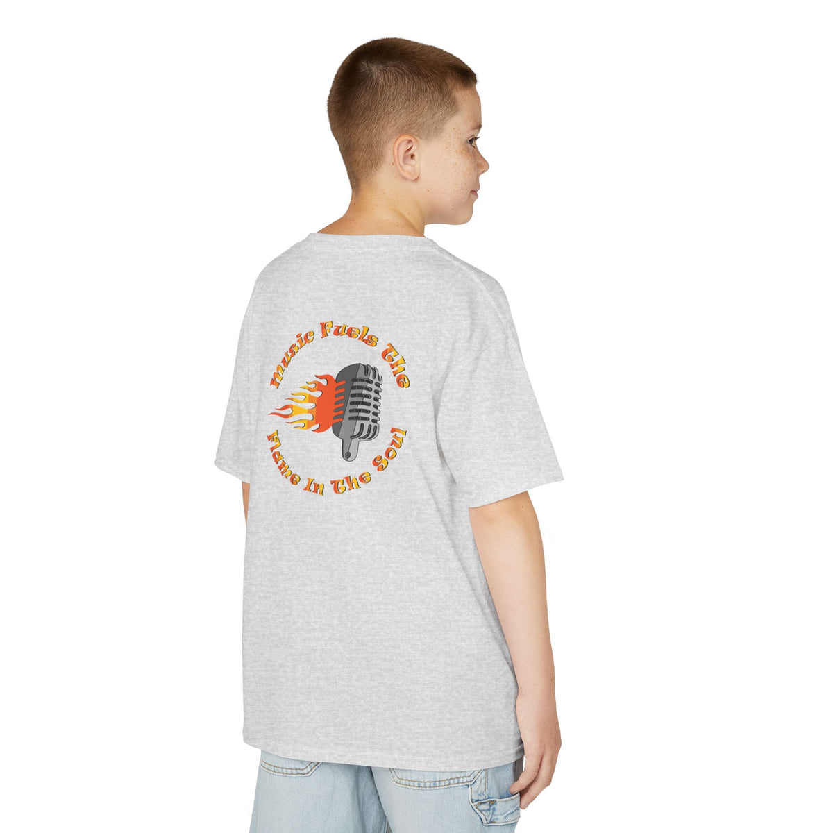 Kids Retro Microphone Flame Graphic Tee Perfect for Young Musicians