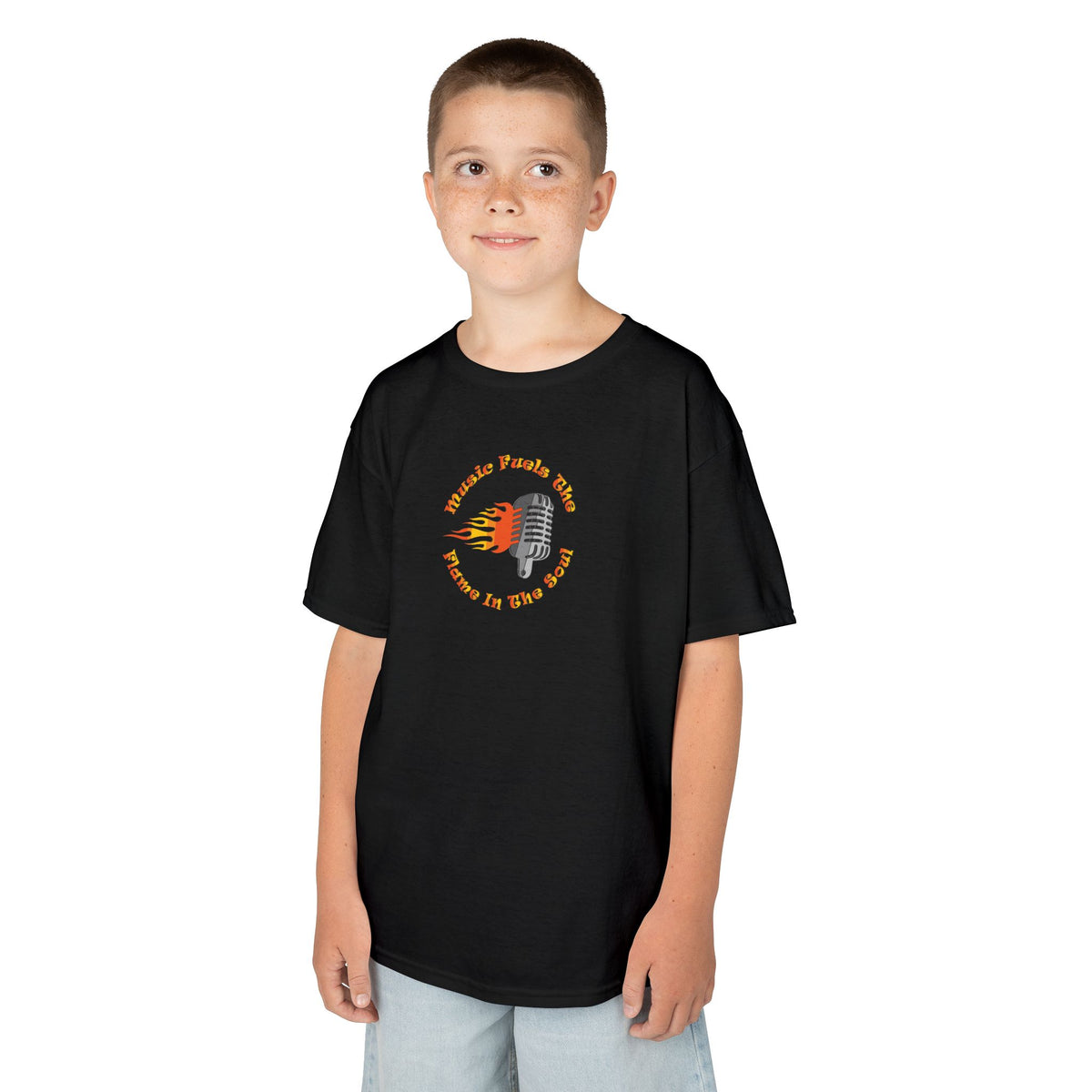 Kids Retro Microphone Flame Graphic Tee Perfect for Young Musicians