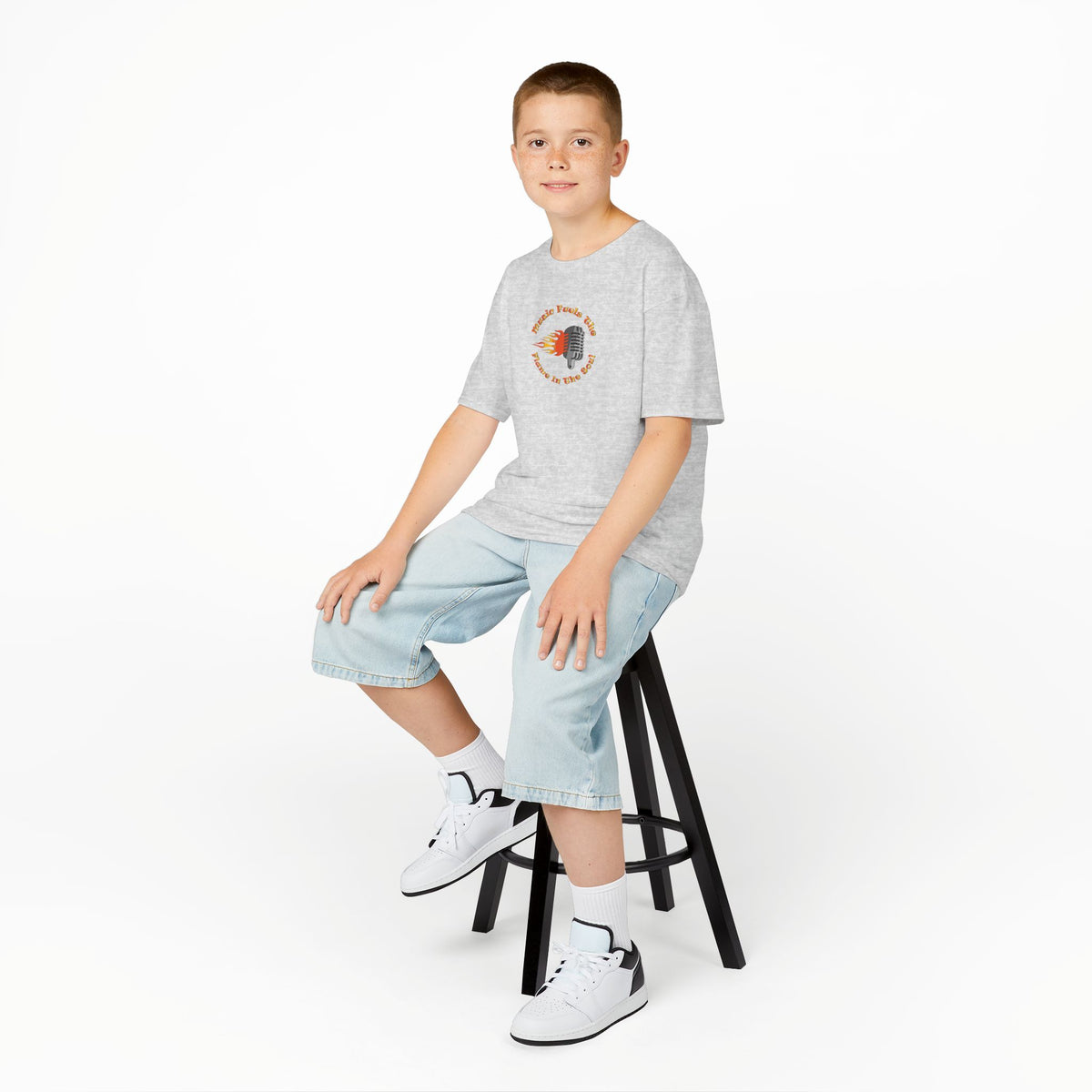 Kids Retro Microphone Flame Graphic Tee Perfect for Young Musicians