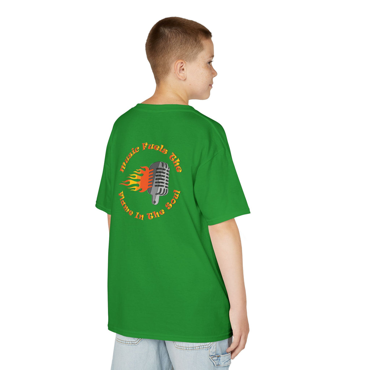 Kids Retro Microphone Flame Graphic Tee Perfect for Young Musicians