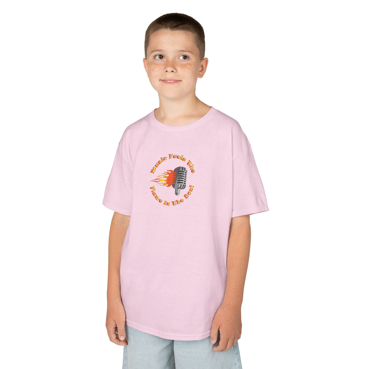 Kids Retro Microphone Flame Graphic Tee Perfect for Young Musicians