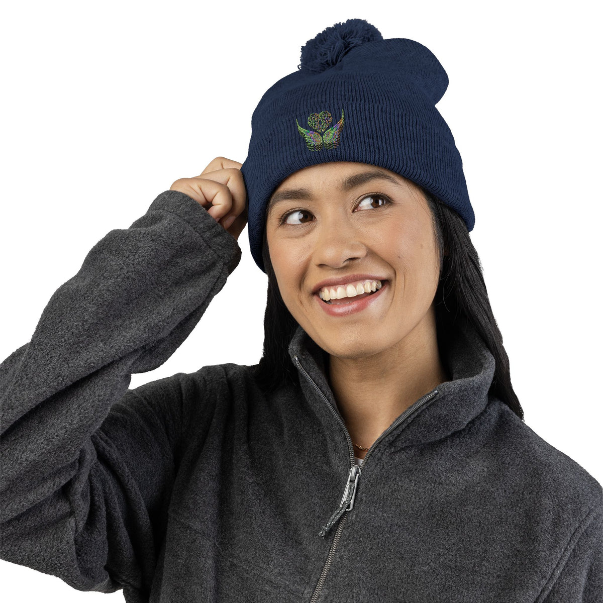 Ethereal Heart and Wings Pom-Pom Knit Cap - Perfect for Winter Adventures
