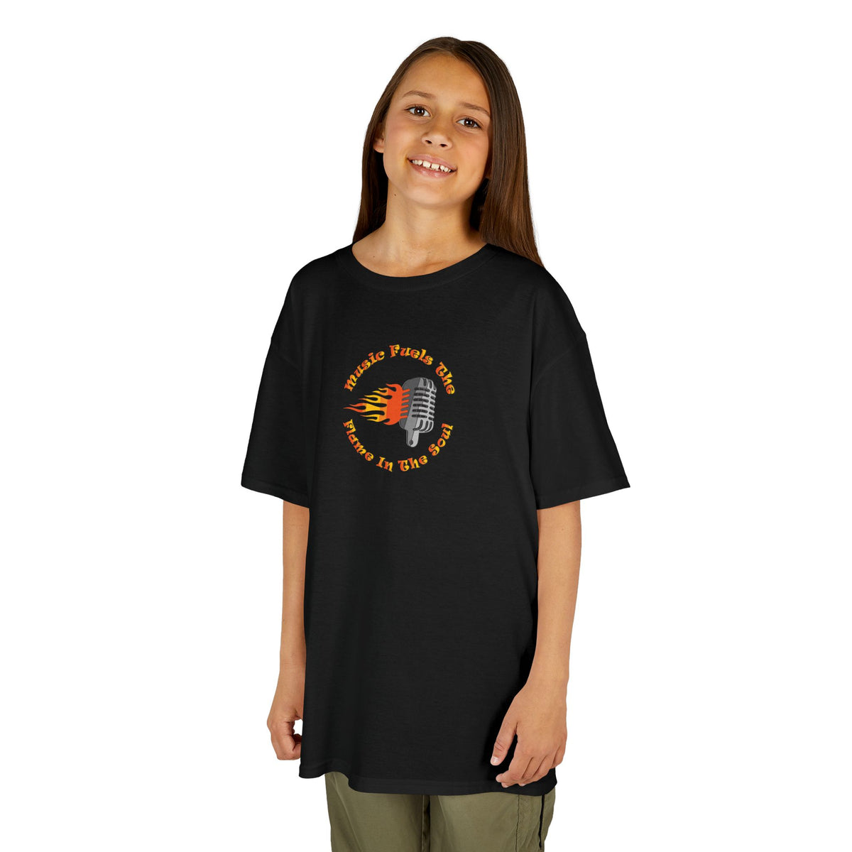 Kids Retro Microphone Flame Graphic Tee Perfect for Young Musicians
