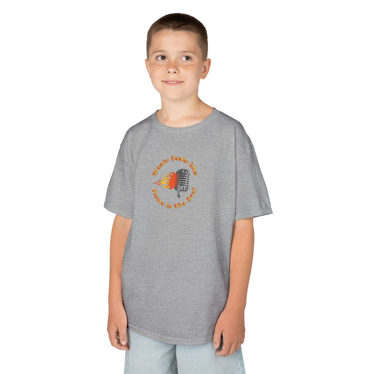 Kids Retro Microphone Flame Graphic Tee Perfect for Young Musicians