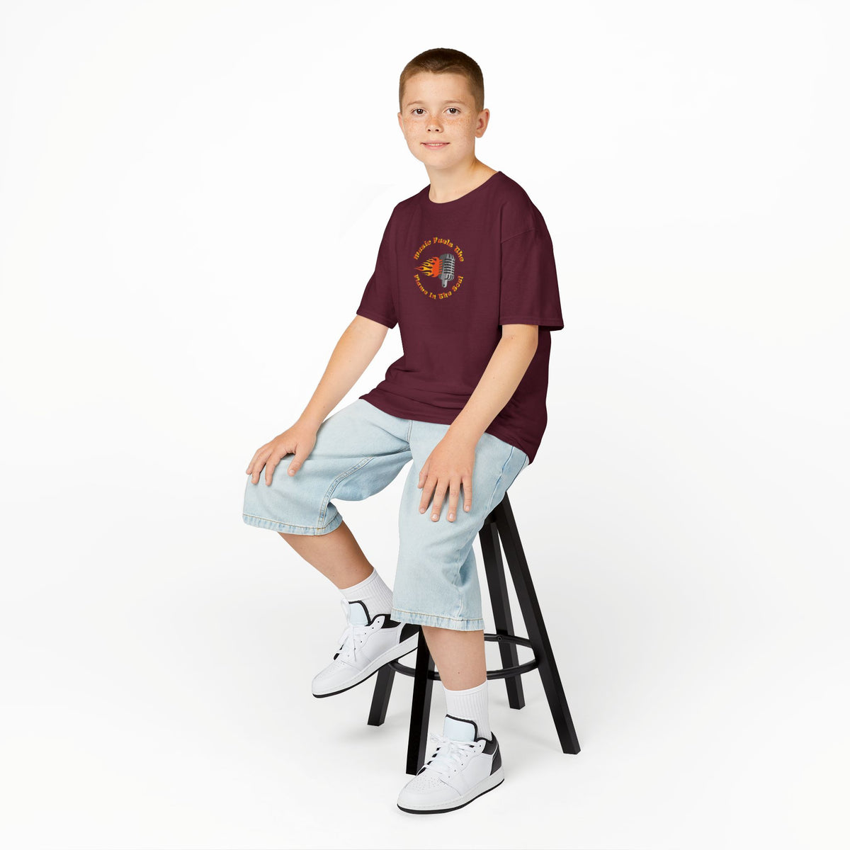 Kids Retro Microphone Flame Graphic Tee Perfect for Young Musicians