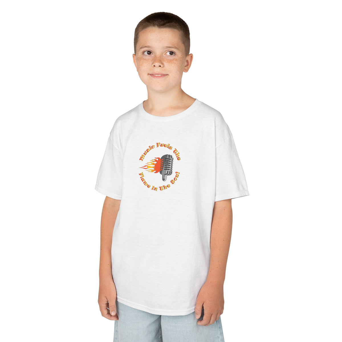 Kids Retro Microphone Flame Graphic Tee Perfect for Young Musicians