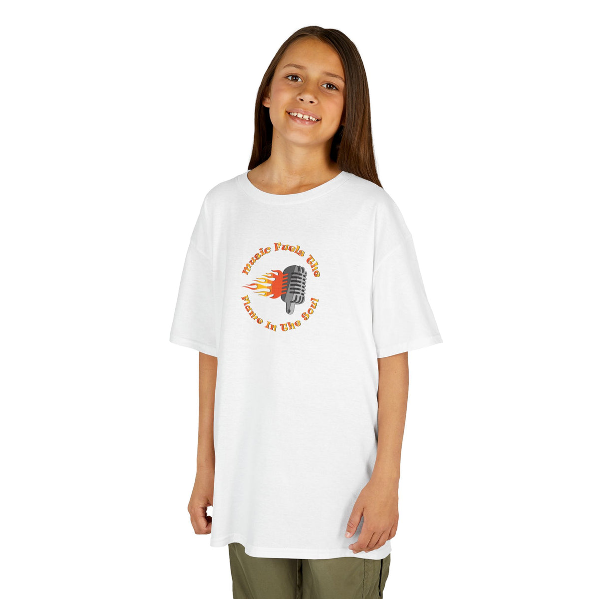 Kids Retro Microphone Flame Graphic Tee Perfect for Young Musicians