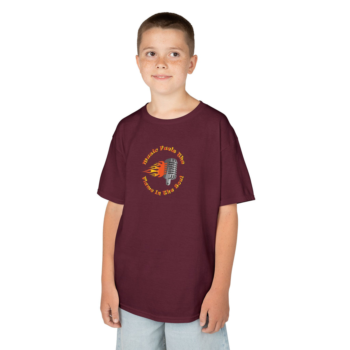 Kids Retro Microphone Flame Graphic Tee Perfect for Young Musicians