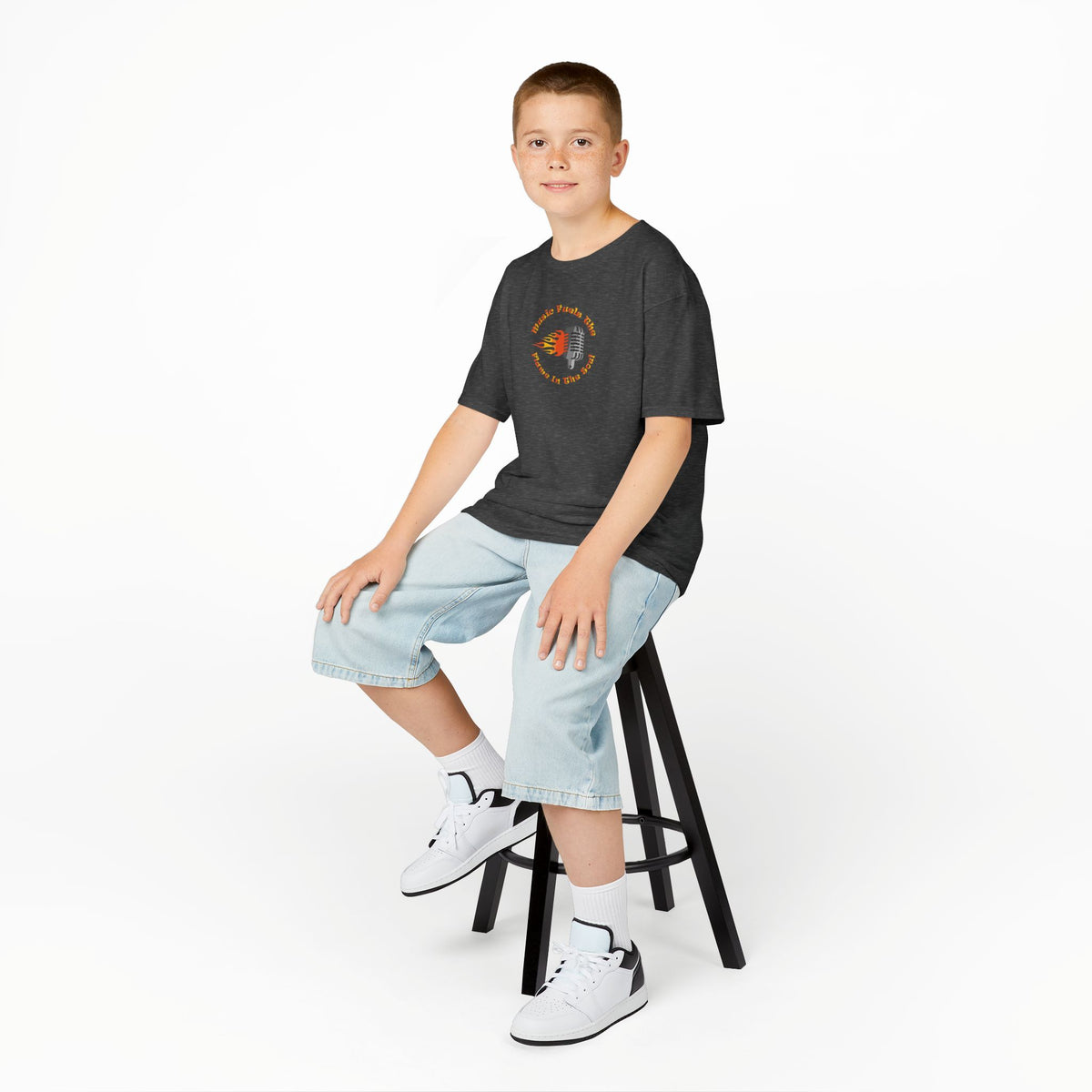 Kids Retro Microphone Flame Graphic Tee Perfect for Young Musicians
