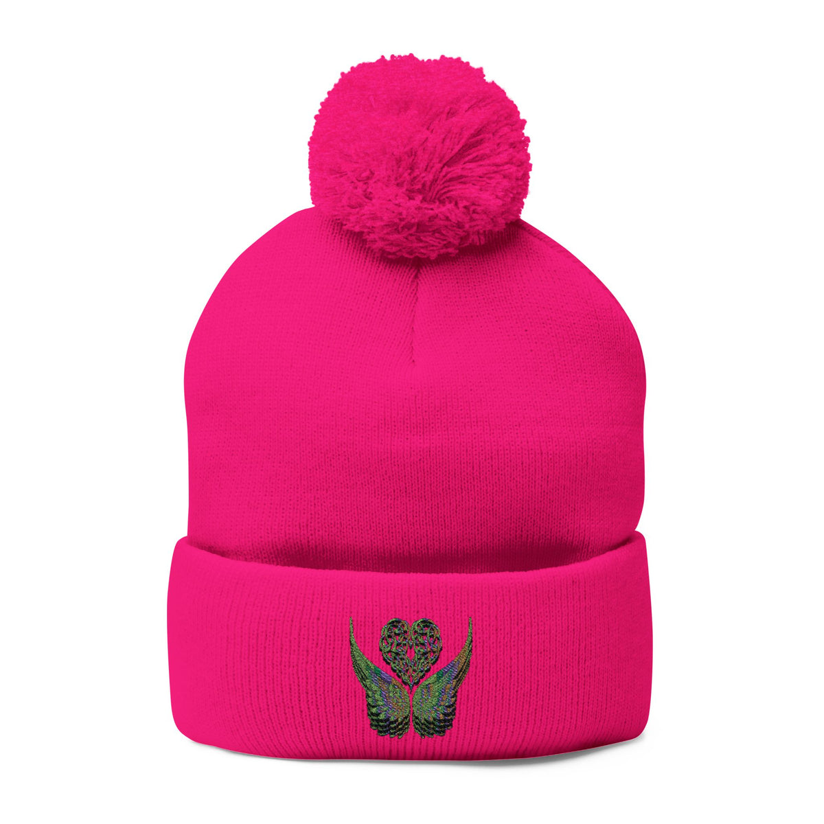 Ethereal Heart and Wings Pom-Pom Knit Cap - Perfect for Winter Adventures
