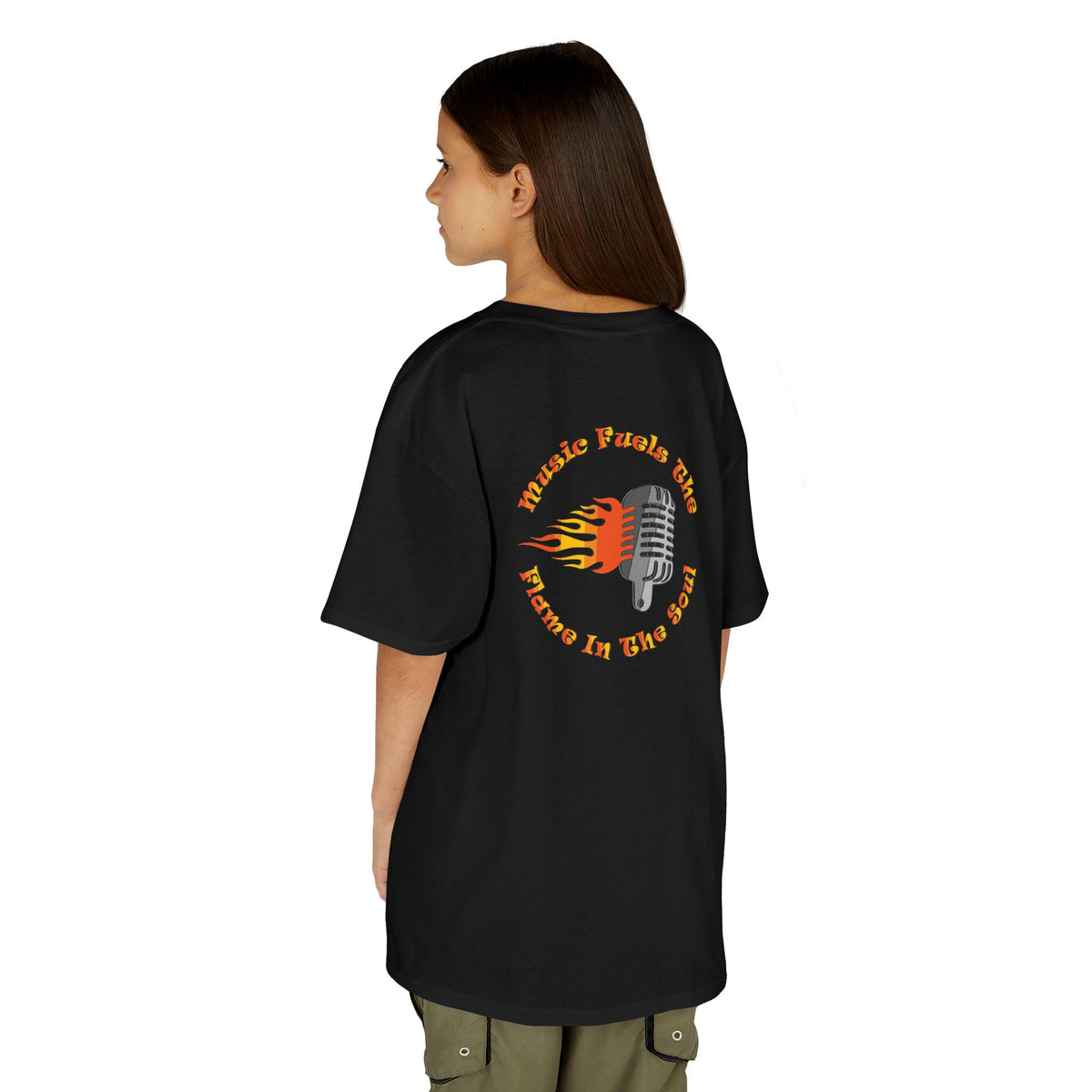 Kids Retro Microphone Flame Graphic Tee Perfect for Young Musicians