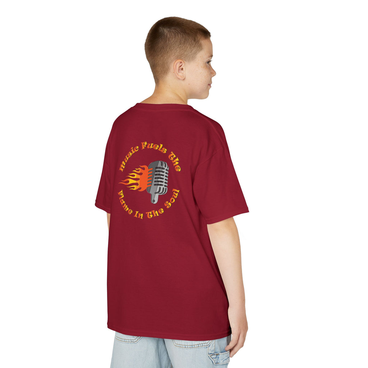 Kids Retro Microphone Flame Graphic Tee Perfect for Young Musicians