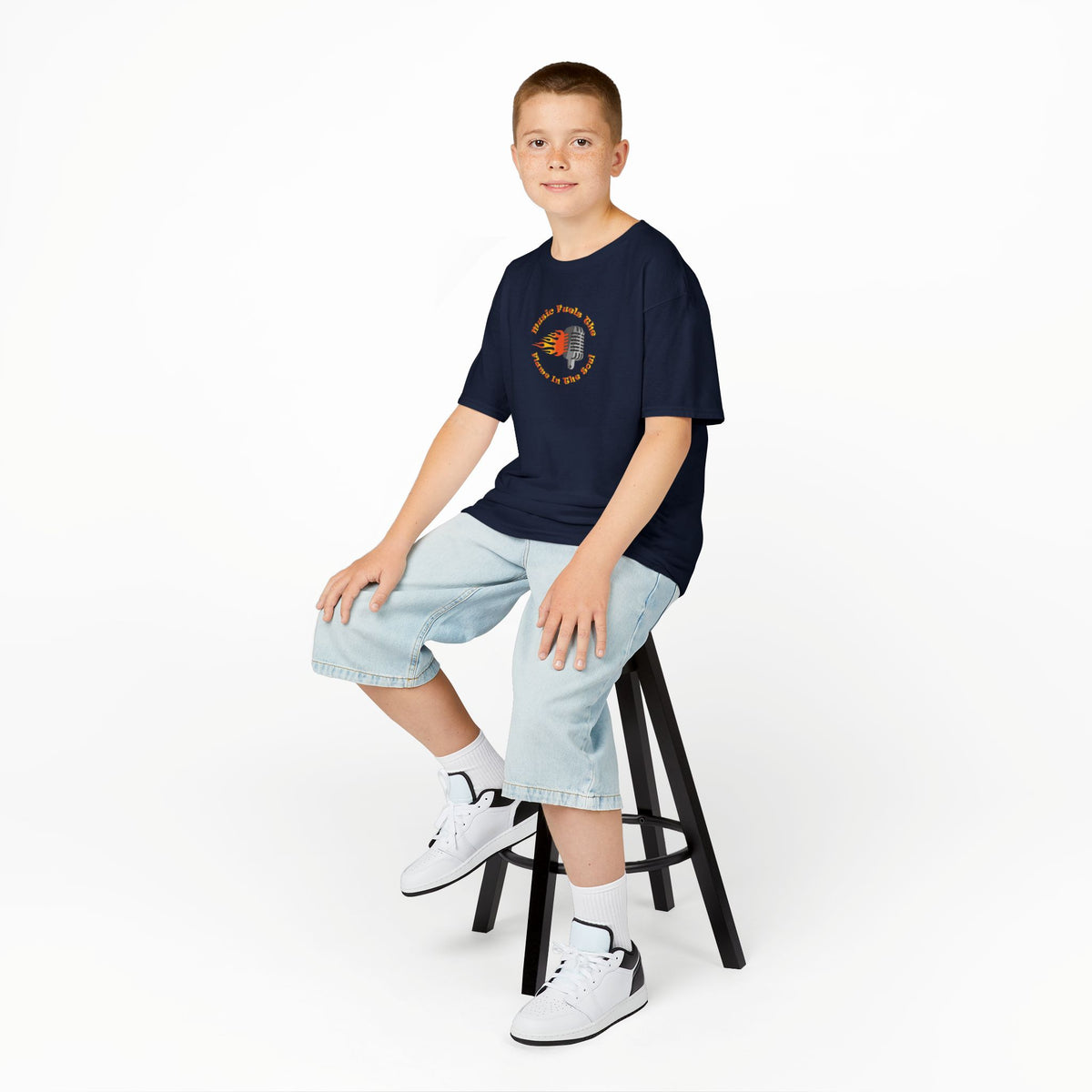 Kids Retro Microphone Flame Graphic Tee Perfect for Young Musicians
