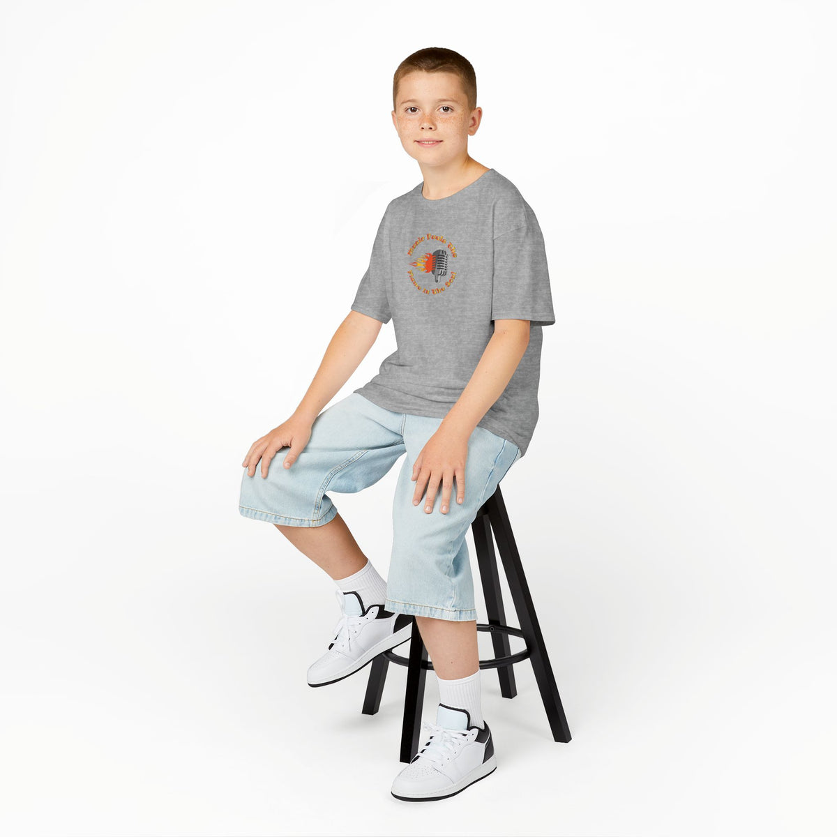 Kids Retro Microphone Flame Graphic Tee Perfect for Young Musicians