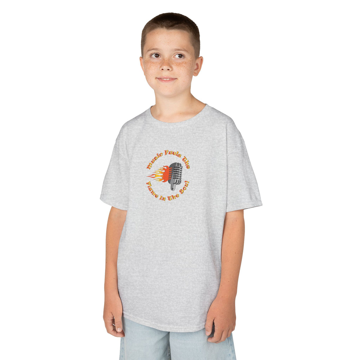 Kids Retro Microphone Flame Graphic Tee Perfect for Young Musicians