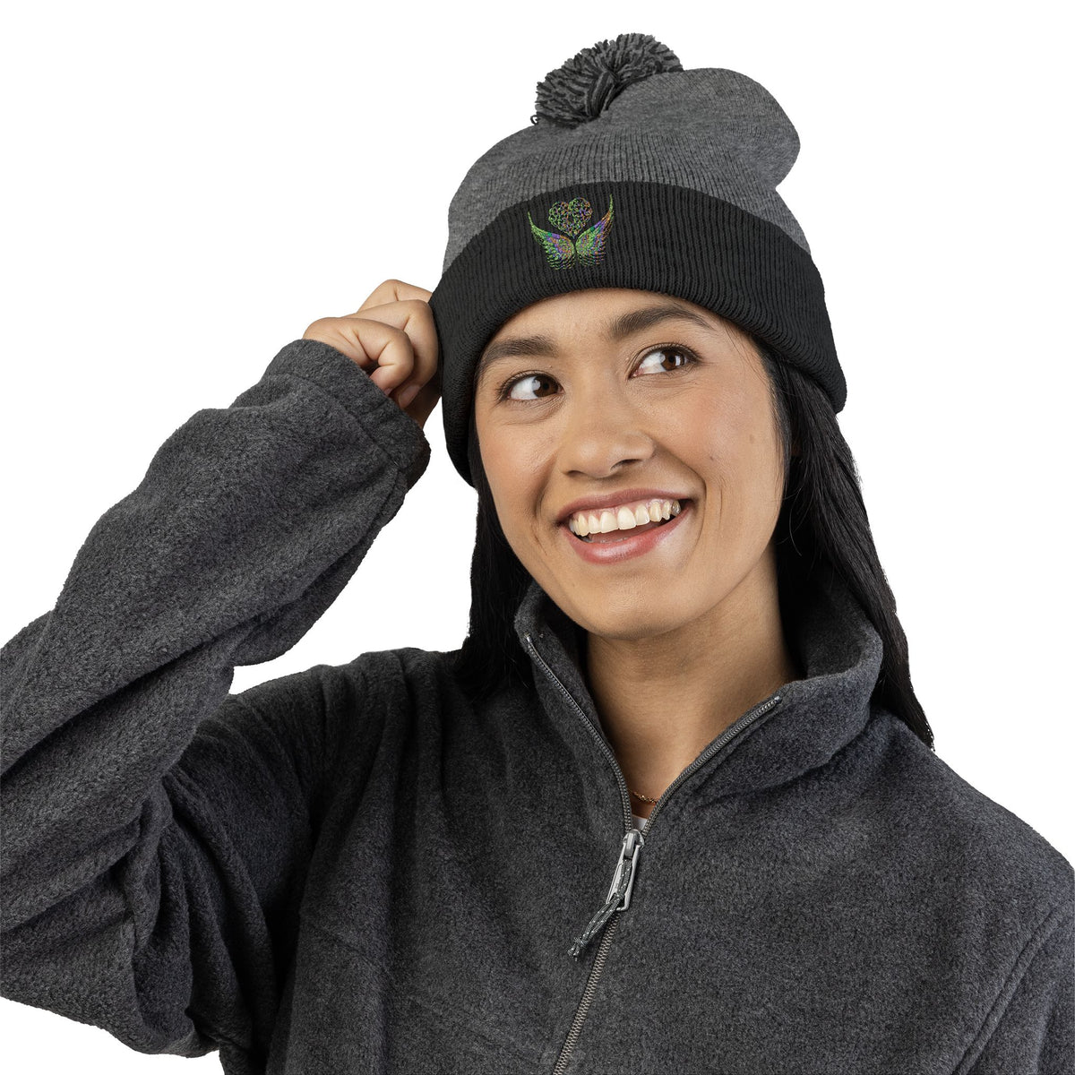 Ethereal Heart and Wings Pom-Pom Knit Cap - Perfect for Winter Adventures
