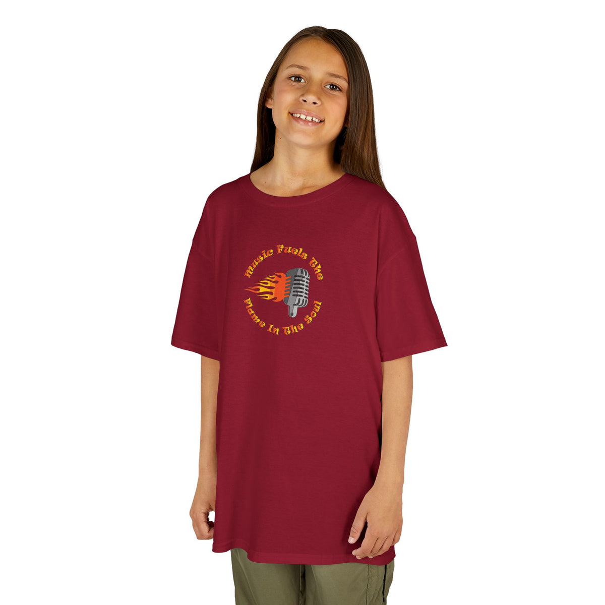 Kids Retro Microphone Flame Graphic Tee Perfect for Young Musicians
