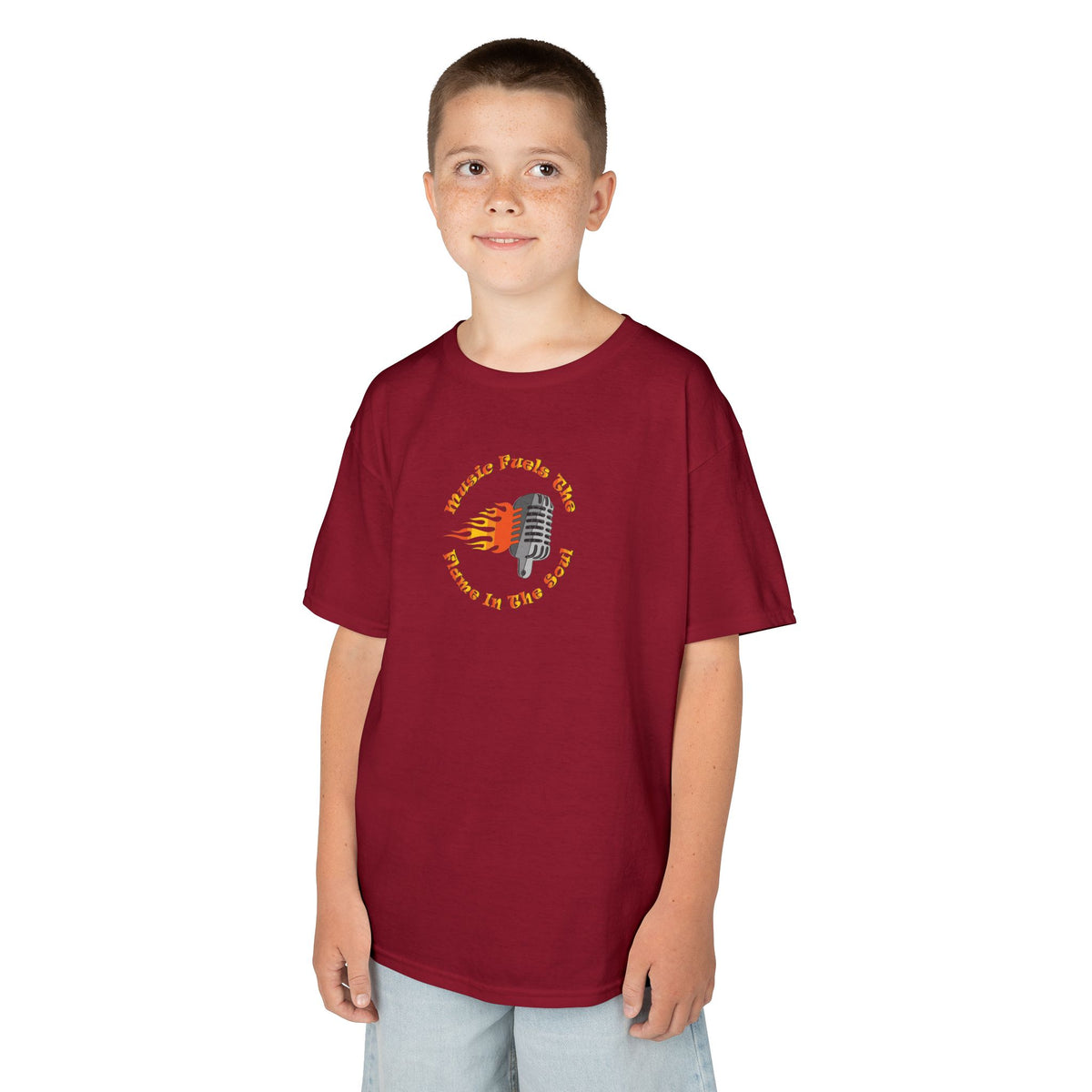 Kids Retro Microphone Flame Graphic Tee Perfect for Young Musicians