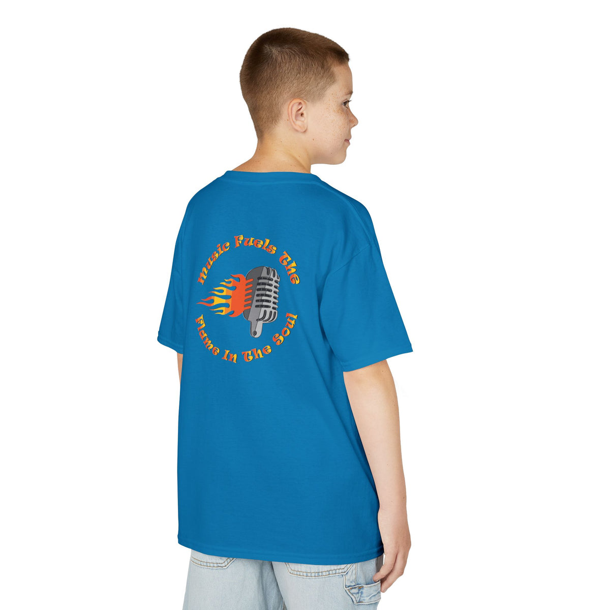 Kids Retro Microphone Flame Graphic Tee Perfect for Young Musicians