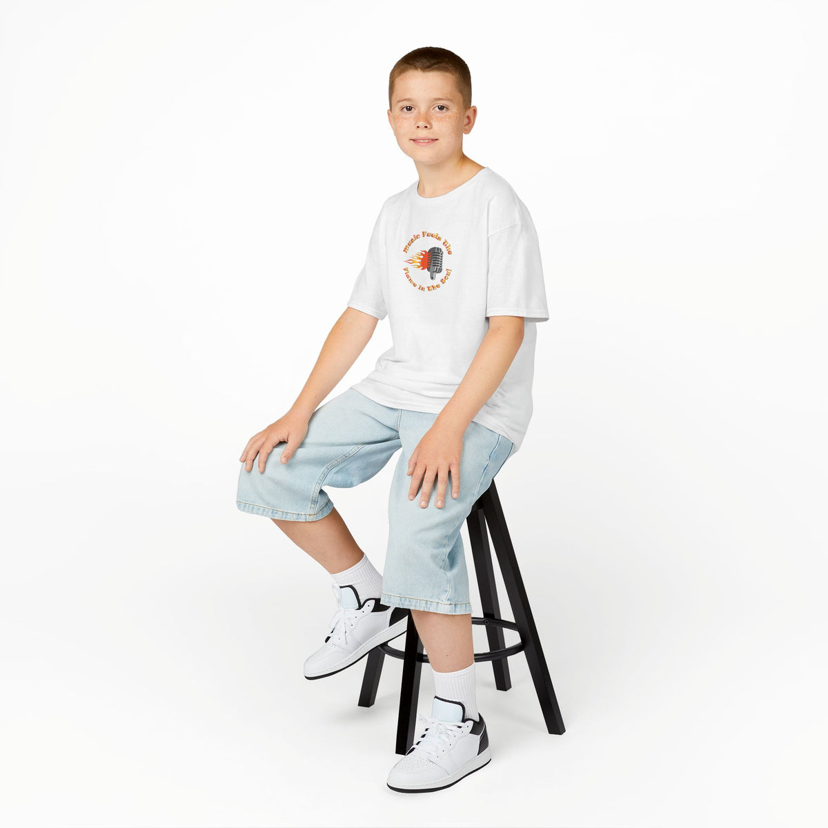 Kids Retro Microphone Flame Graphic Tee Perfect for Young Musicians