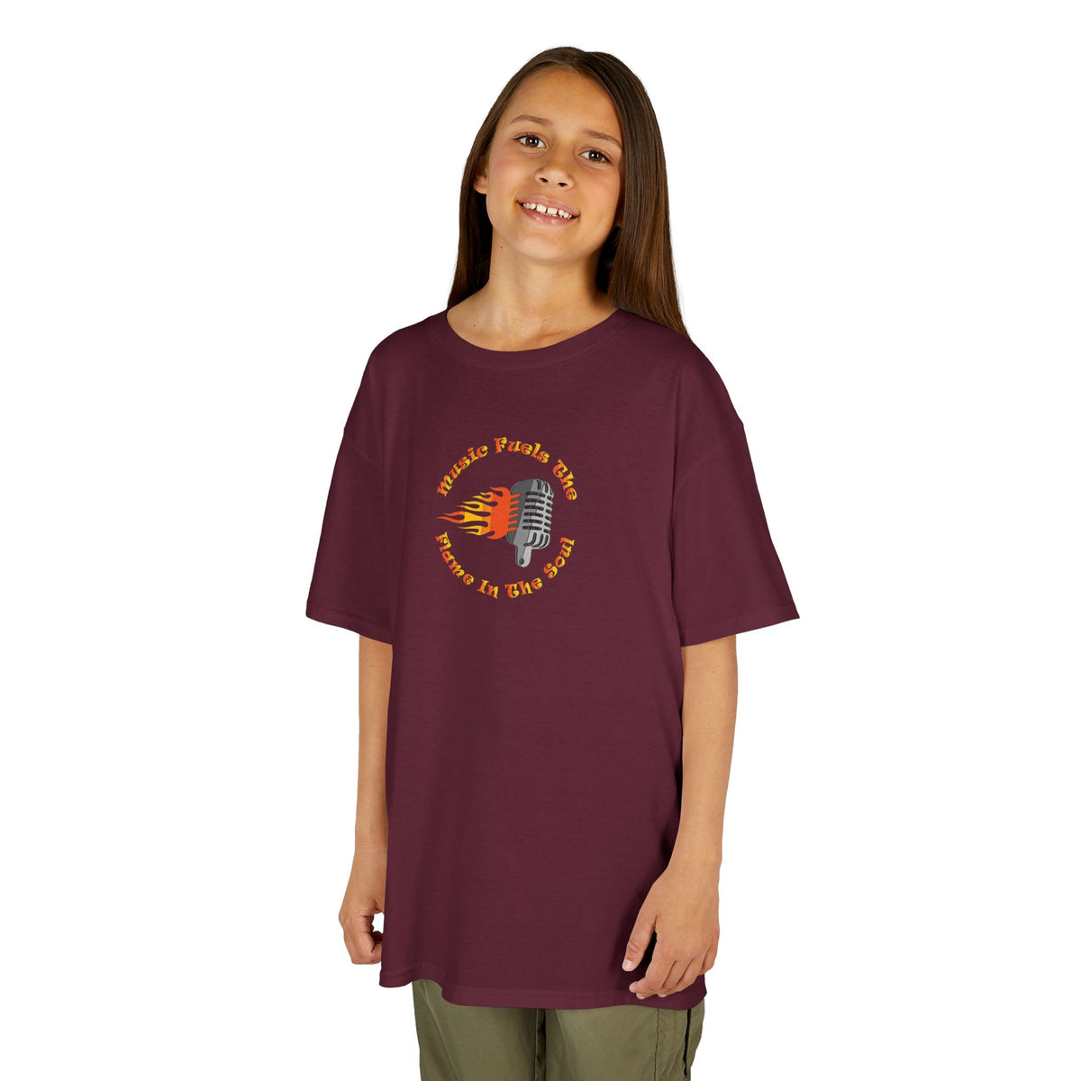 Kids Retro Microphone Flame Graphic Tee Perfect for Young Musicians