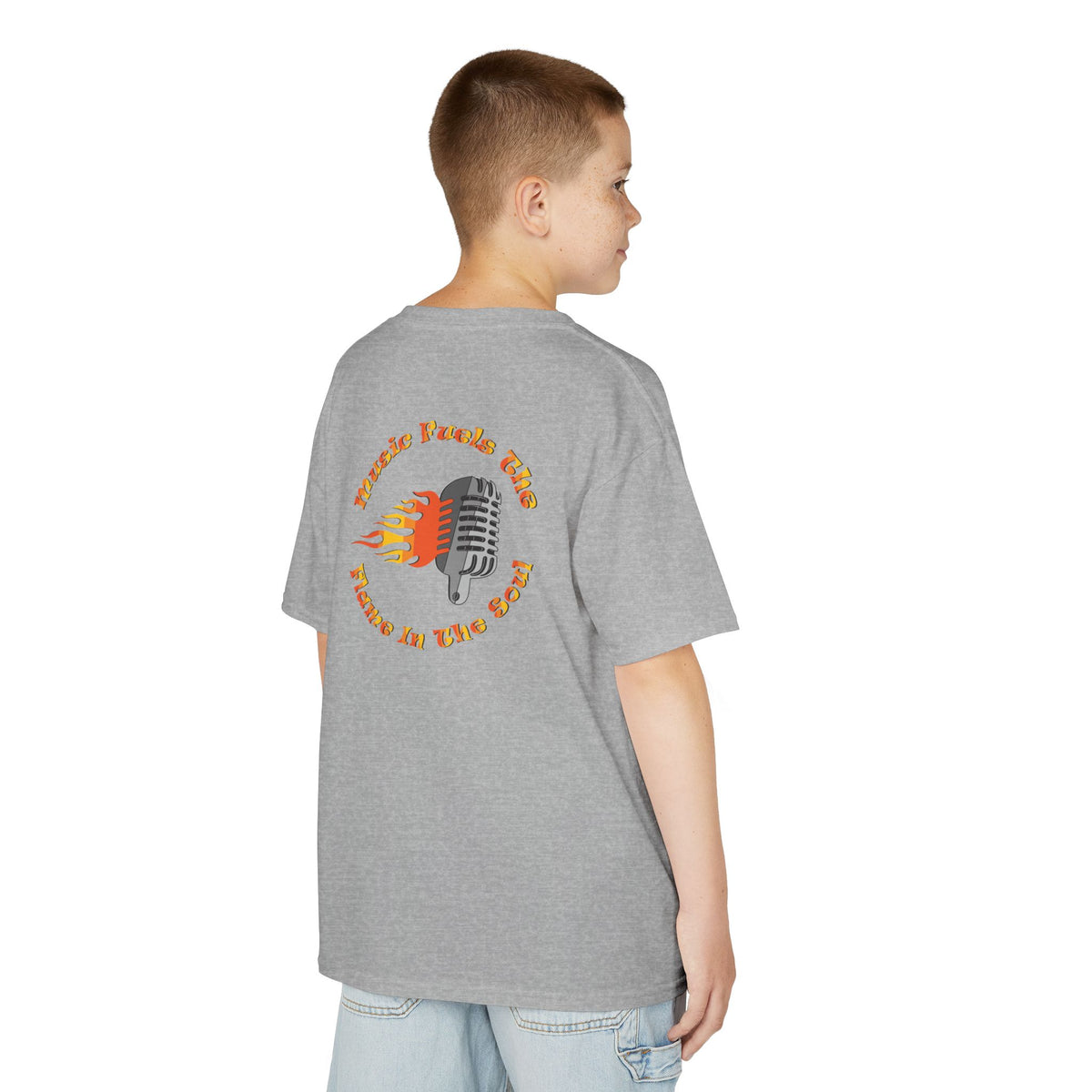 Kids Retro Microphone Flame Graphic Tee Perfect for Young Musicians
