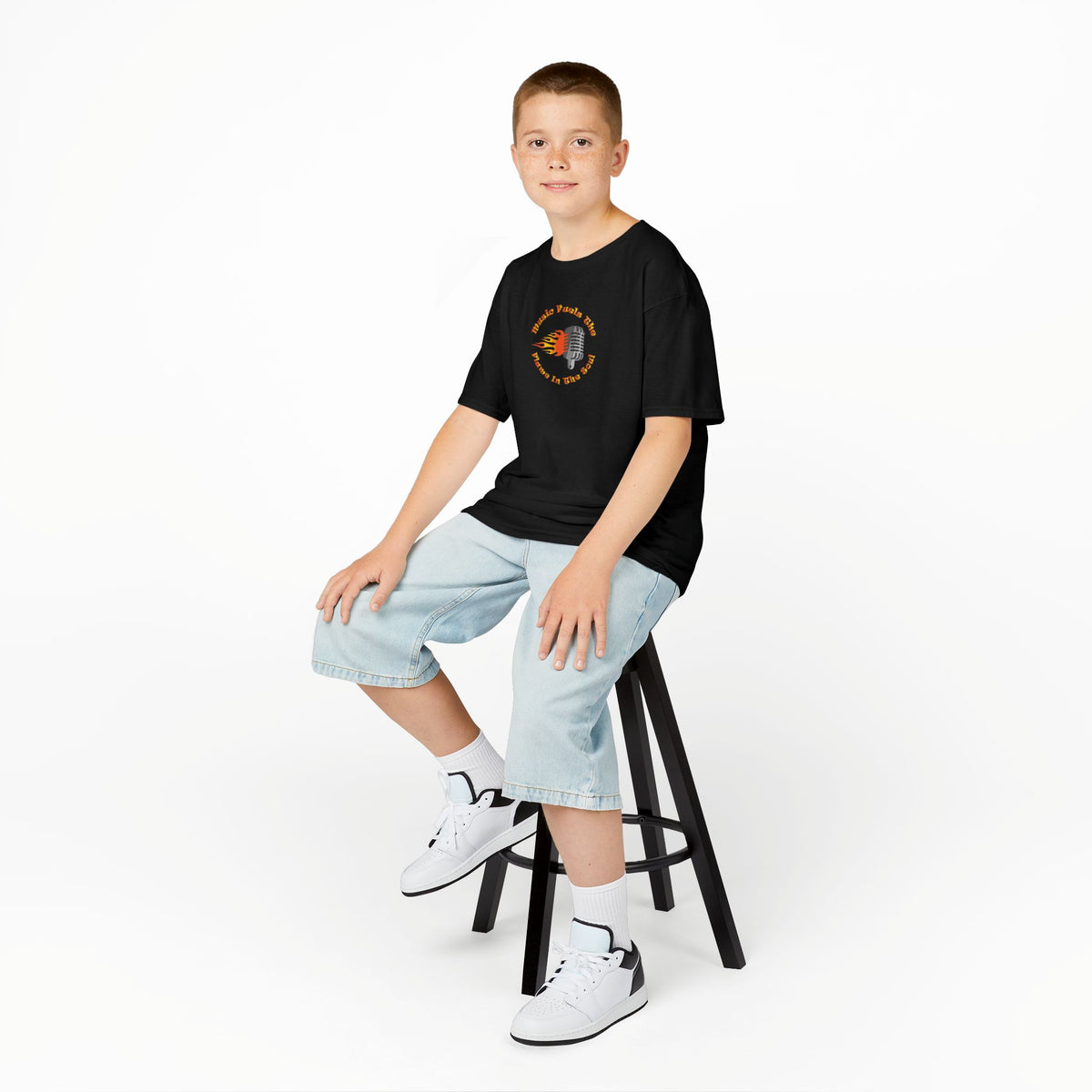Kids Retro Microphone Flame Graphic Tee Perfect for Young Musicians