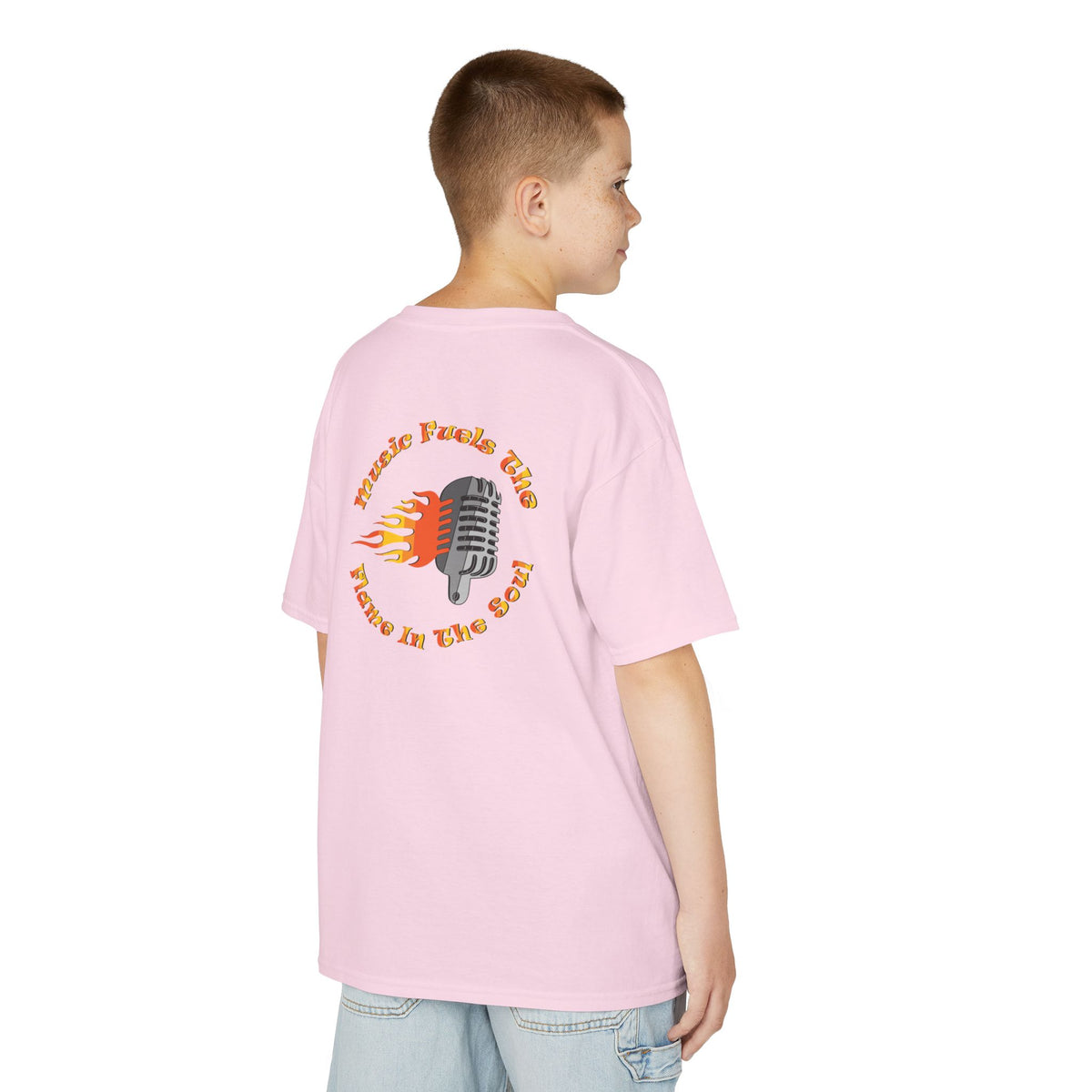 Kids Retro Microphone Flame Graphic Tee Perfect for Young Musicians