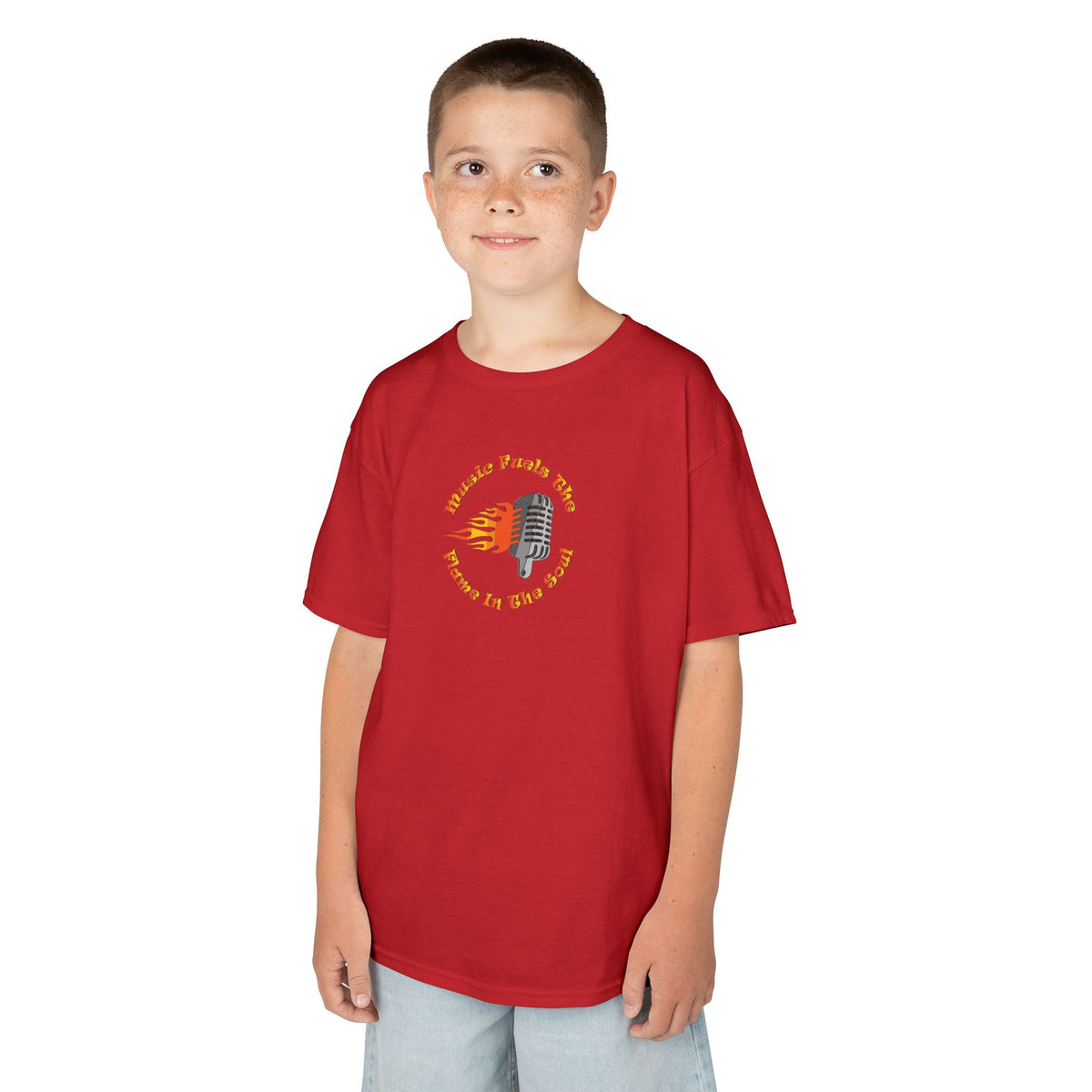 Kids Retro Microphone Flame Graphic Tee Perfect for Young Musicians