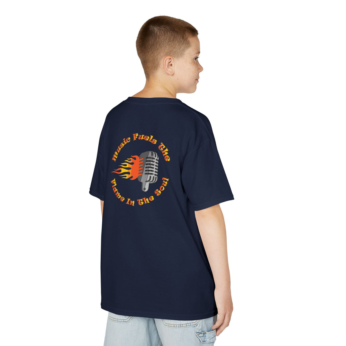 Kids Retro Microphone Flame Graphic Tee Perfect for Young Musicians