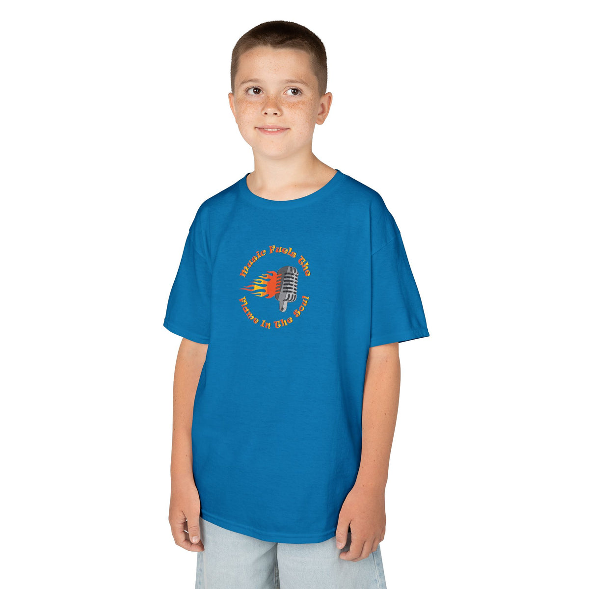 Kids Retro Microphone Flame Graphic Tee Perfect for Young Musicians