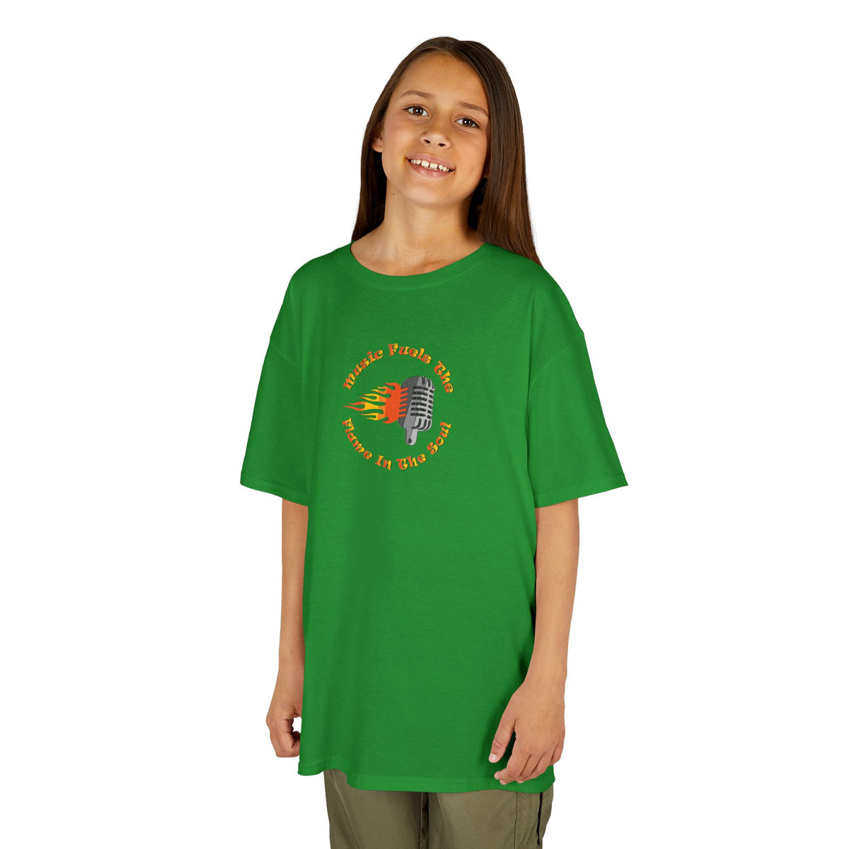 Kids Retro Microphone Flame Graphic Tee Perfect for Young Musicians