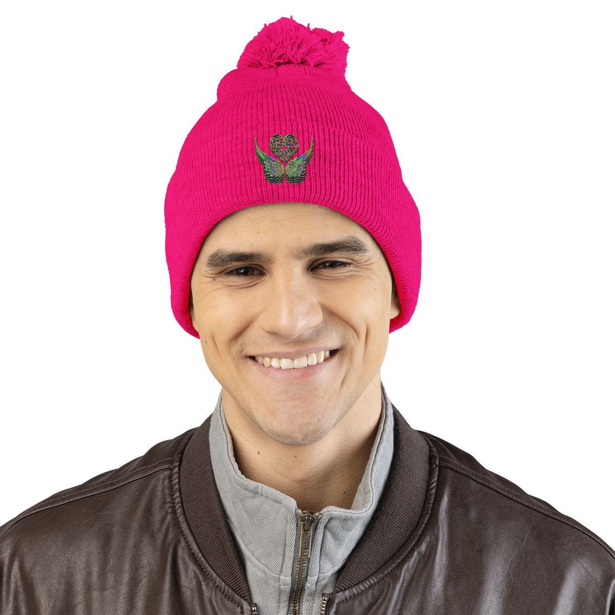 Ethereal Heart and Wings Pom-Pom Knit Cap - Perfect for Winter Adventures