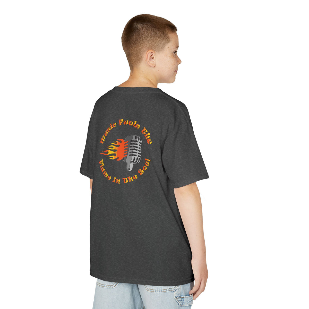 Kids Retro Microphone Flame Graphic Tee Perfect for Young Musicians