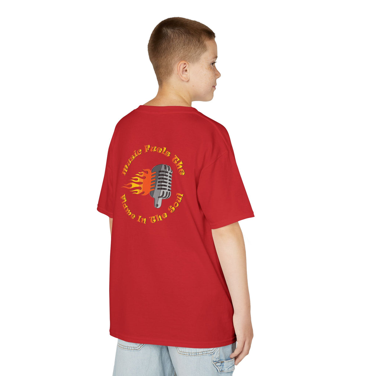 Kids Retro Microphone Flame Graphic Tee Perfect for Young Musicians