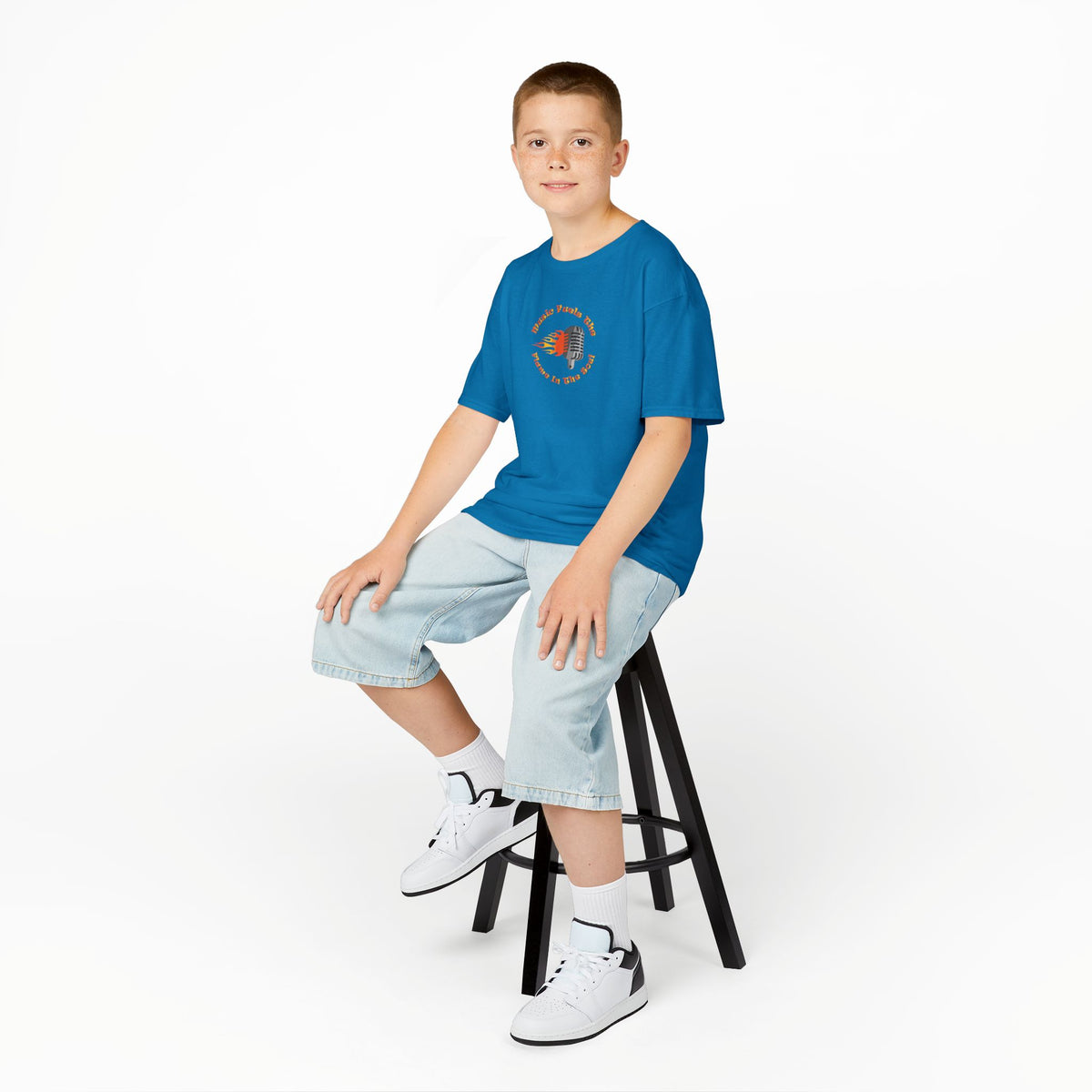 Kids Retro Microphone Flame Graphic Tee Perfect for Young Musicians