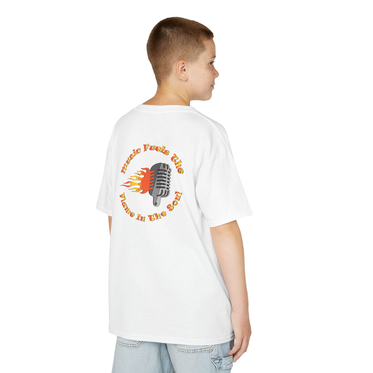 Kids Retro Microphone Flame Graphic Tee Perfect for Young Musicians