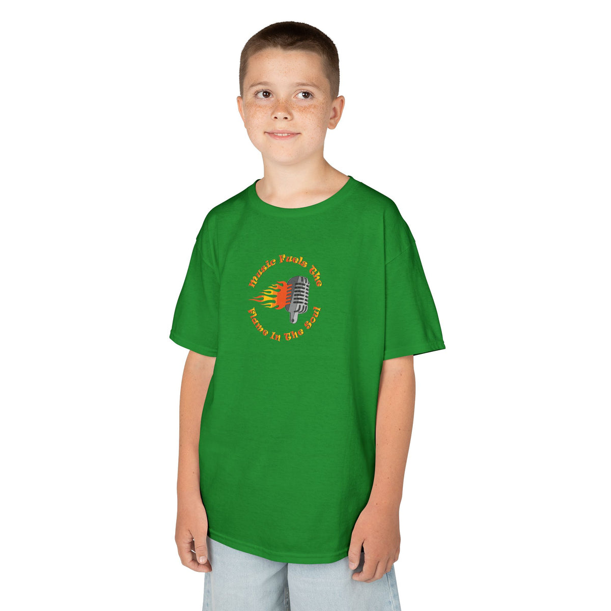 Kids Retro Microphone Flame Graphic Tee Perfect for Young Musicians